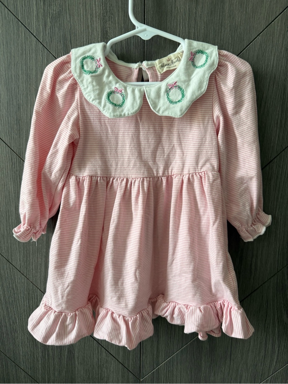 Marie Nicole Pink Striped Embroidered Peter Pan Collar Holiday Dress